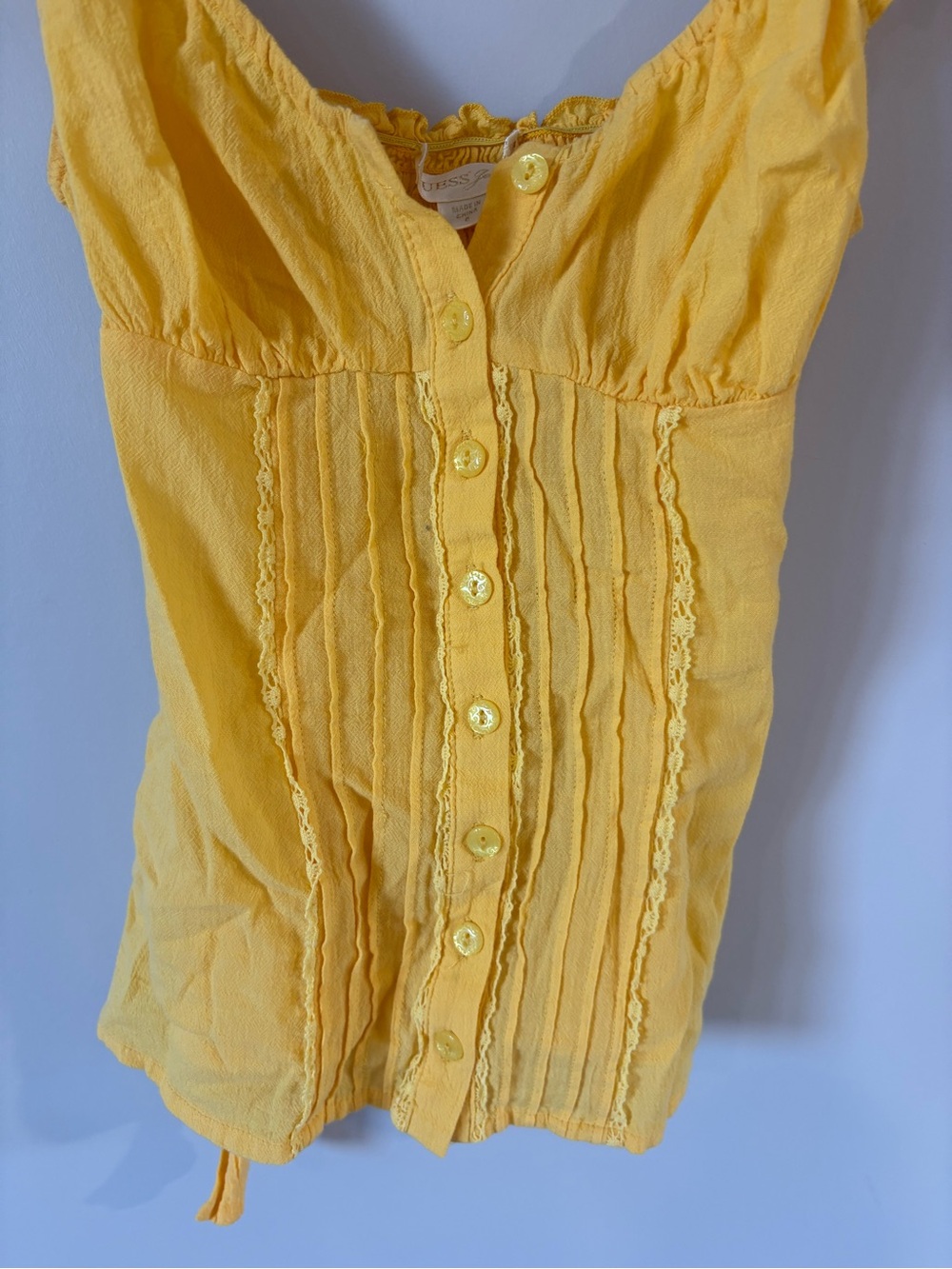 GUESS Yellow Babydoll Fitted Button-Front Ruffle Strap Top - Picture 4 of 5